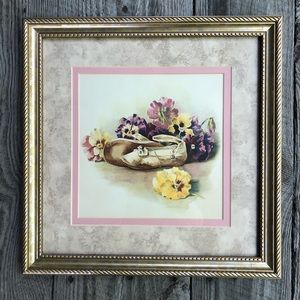 Pansies Slippers 🩰 Cottage Flowers 🌸 Framed Matted Pink Art Print 13.5 x 13.5